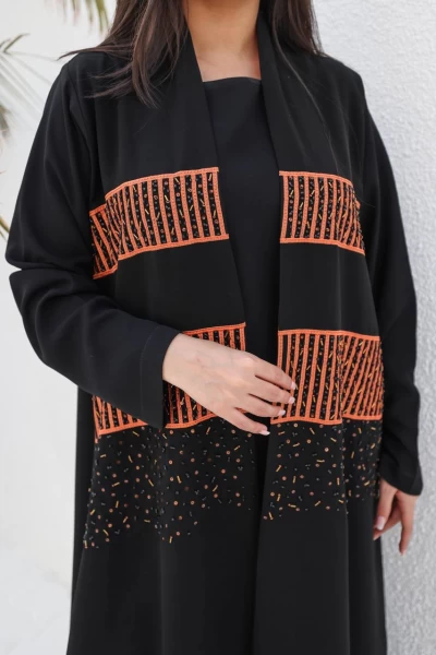 Cuba Crepe Abaya Black With Orange Doubt IB140 Orange